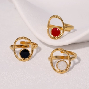 French Vintage Geometric Stainless Steel Open Ring 18K Gold Plated Enamel Minimalist Adjustable Jewelry For Women