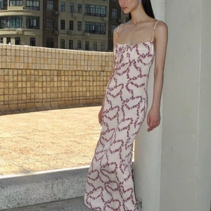 Floral Print Cami Maxi Dress Polyester Spaghetti Strap Slim Fit Drawstring Front Elegant Summer Long Dress Women