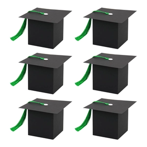 Set of 6 black graduation cap gift boxes with green tassels for party favors and candy