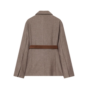 Brown herringbone wool blazer for women with matching waist belt shown from back view