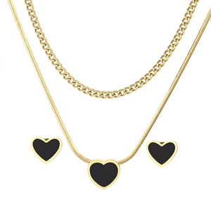 Fashion Double Layer Stainless Steel Necklace Earrings Jewelry Set Black Heart Love Charm Snake Cuban Chain For Women