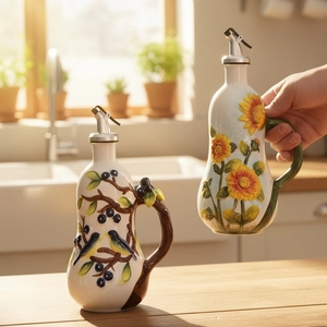 Botellas de cerámica para aceite y vinagre pintadas a mano con relieves de girasol y aves