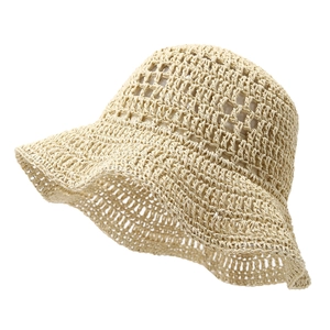 Beige crochet straw sun hat with breathable mesh and wavy brim for beach vacation