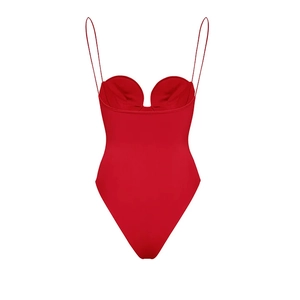 Detailed front view of red one-piece swimsuit featuring slim straps and sweetheart neckline