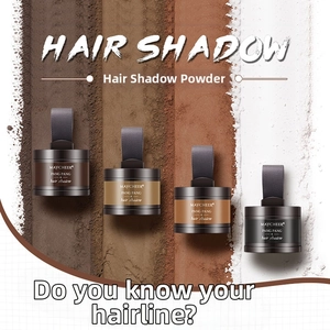 Macro shot of four hair shadow powder shades with detailed texture swatches on background