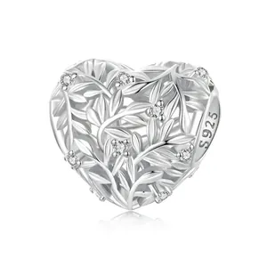 Hollow heart leaf charm in S925 sterling silver with zircon for DIY bracelets