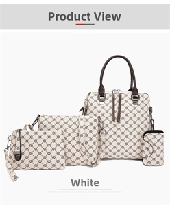 Detail view of 4-piece set white tote bags with geometric prints and brown straps