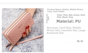 Pink PU leather wallet detail showing dual zipper, wrist strap, and embossed texture