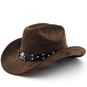Western Cowboy Hat Suede Wide Brim Jazz Fedora With Skull Metal Rivet Leather Belt Punk Style For Men Women