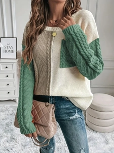 Women Cable Knit Pullover Sweater Color Block Patchwork Long Sleeve Crew Neck Loose Casual Soft Knitted Jumper Tops