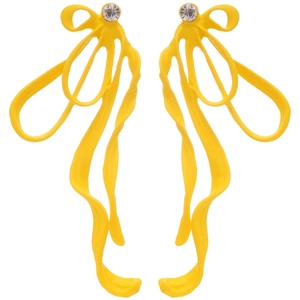 Sparkling silver needle bow earrings with yellow rhinestones for a luxury summer style
