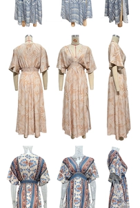 Detail of V-neck printed maxi dresses with geometric and tropical leaf patterns