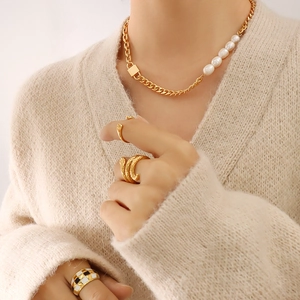 Chunky 18K gold plated chain necklace with freshwater pearls and square lock pendant