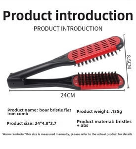 Detailed view of boar bristle hair straightener comb showing 24cm length dimensions