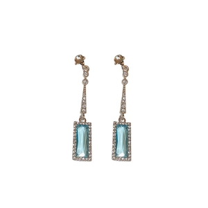 French luxury long silver earrings with blue square crystal and sparkling zircon fringe