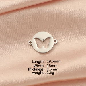 Polished stainless steel butterfly hollow connector pendant with product size specifications