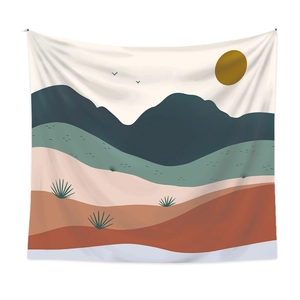 Bohemian tapestry featuring abstract mountains and sunset in earthy Morandi colors