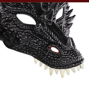 Close-up of black dragon mask showing detailed scales, sharp spikes and realistic white teeth