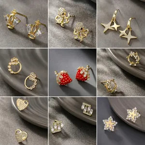 Geometric Stud Earrings Copper Alloy Zircon Crystal Star Heart 14K Gold Plated Jewelry With Copper Earring Post