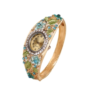 Vintage golden cloisonné floral bangle watch with blue enamel flowers and rhinestones