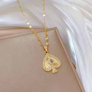 Gold titanium steel necklace with luxury heart spade pendant and sparkling crystals