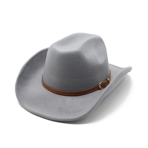 Detail of grey felt cowboy hat featuring a brown faux leather band and gold buckle