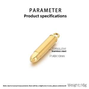 Detailed view of golden bullet pendant with dimensions 49x10mm in stainless steel