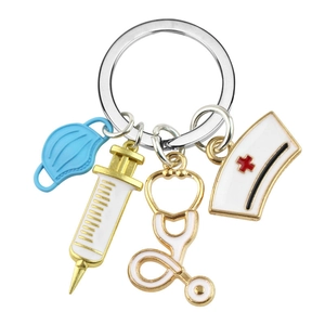 Nurse and doctor keychain with enamel medical charms like mask and stethoscope