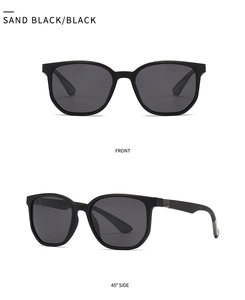 Front and 45-degree side views of matte black square frame polarized sunglasses