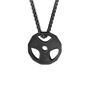 Men's stainless steel necklace featuring a black barbell weight pendant with motivational quotes