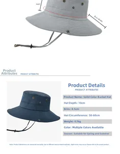 Detailed size specifications for wide brim sun hat with adjustable windproof rope cord
