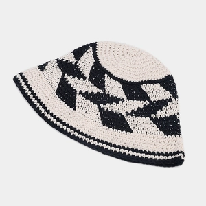 Handmade crochet hollow diamond bucket hat with black and white knit pattern for women