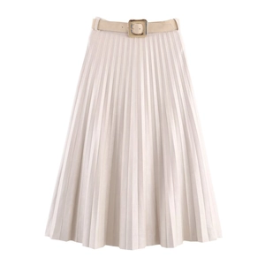 Jupe plissée midi beige élégante pour femme avec taille haute et ceinture à boucle assortie