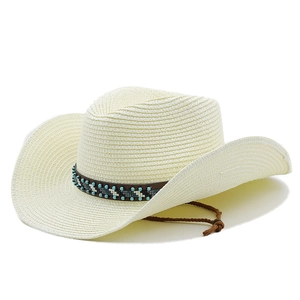 Classic cream woven jazz straw hat with turquoise beaded band and windproof strap for sun protection