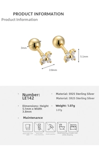 Detail view of S925 sterling silver four-leaf clover stud with dimensions and zircon inlay