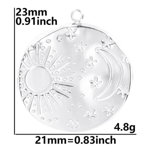 Polished stainless steel celestial pendant with sun, moon, and star engravings 23mm
