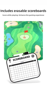 Detalle de las zonas de puntuación del tapete de golf y el marcador de borrado seco