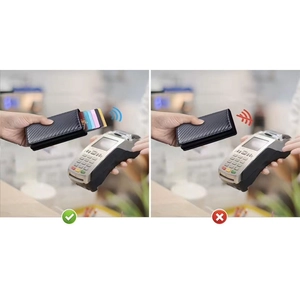 Slim carbon fiber wallet with RFID blocking comparison showing signal protection