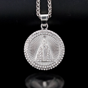 Hip hop silver 316L stainless steel cross Mary medallion pendant with sparkling rhinestones