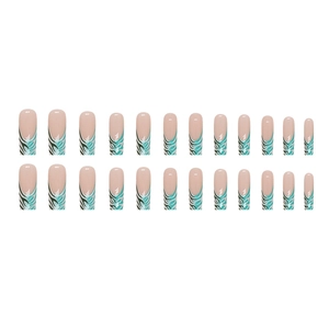 Long coffin fake nails featuring green and black wavy zebra patterns on nude base