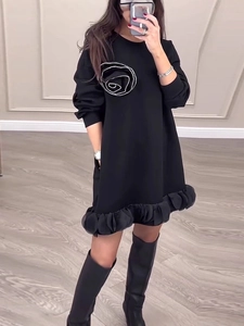 Robe Sweatshirt Femme Manches Longues Noir Rose 3D Fleur Perlée Ourlet À Volants Décontractée Élégante