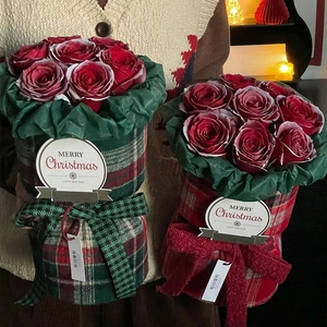 Christmas red rose bouquets in British plaid fabric round boxes with festive bows