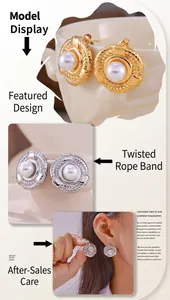 Detail of twisted gold and silver pearl stud earrings shown on model with geometric design