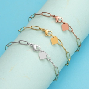 Minimalist Paperclip Chain Bracelet 304 Stainless Steel 18K Gold Plated Hip Hop Jewelry With Square Tag Pendant