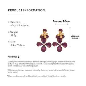 Detailed size specifications for purple enamel flower earrings with crystal accents