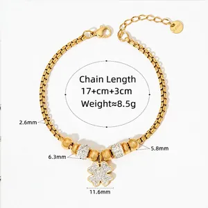 Gold stainless steel four leaf clover bracelet with sparkling white crystal pavé pendant