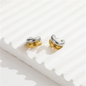 Modern minimalist gold and silver two-tone C-shaped double layered stud earrings