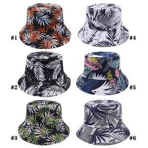 Collection of six cotton bucket hats featuring vibrant tropical maple leaf print patterns