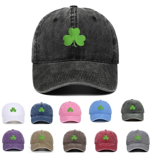 Washed Cotton Baseball Cap Shamrock Embroidered Vintage Distressed Adjustable Dad Hat Outdoor Casual Sun Shade