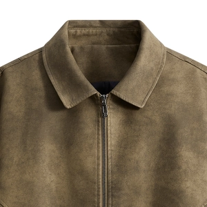 Veste en cuir vintage pour hommes avec épaules tombantes vert olive et fermeture éclair